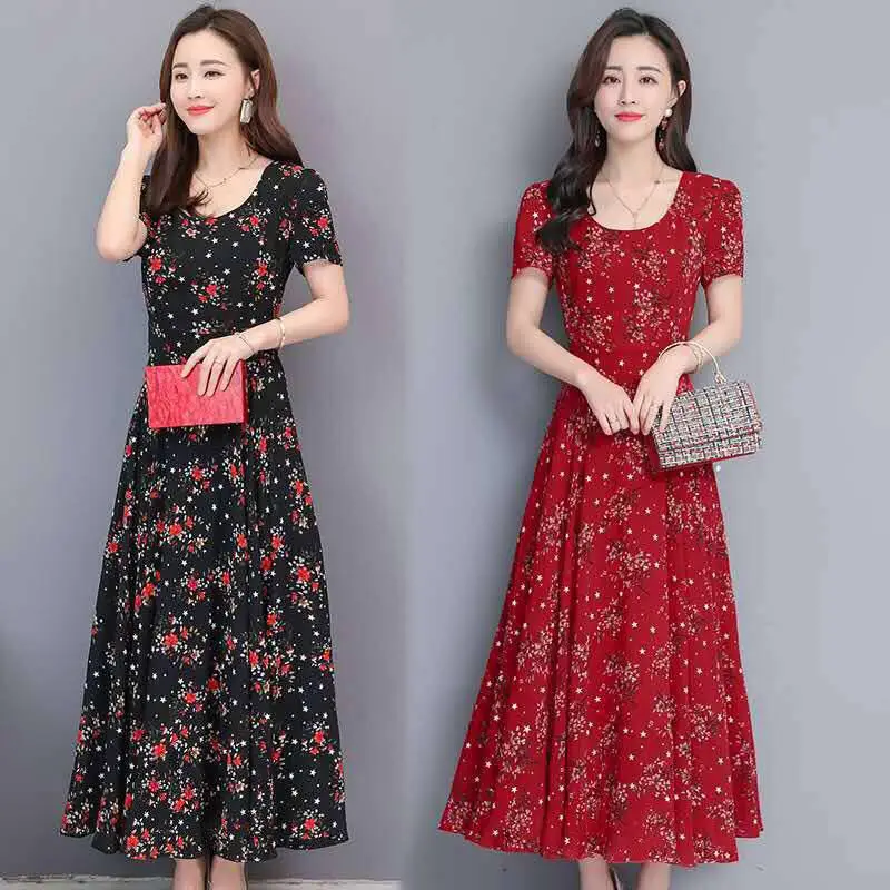 

2019 Spring Summer New Style Korean-style Big Hemline Printed Medium-length Dress Elegant Slimming Large Size Waist Hugging Flor