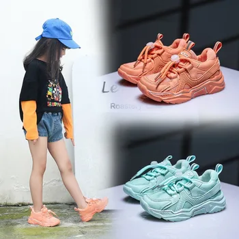 

Mesh Vamp Boys Spring Children Shoes Lightweight Popular Patchwork Trend Kids Sneaker Lace-up Flats Breathable Green Sneaker