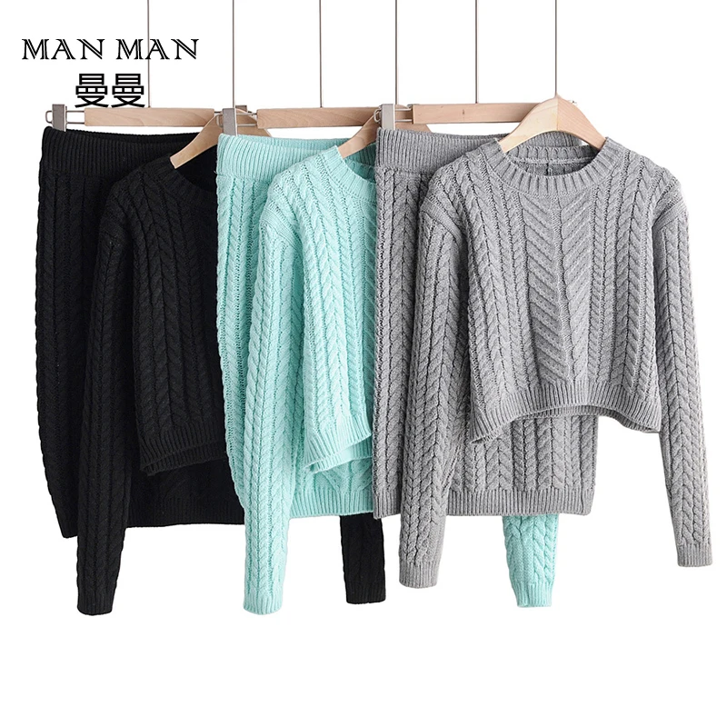 

2019 Promotion O-neck Full Elastic Waist Cotton Knee-length New Women's Knit Suit Sweater + Skirt Two-piece