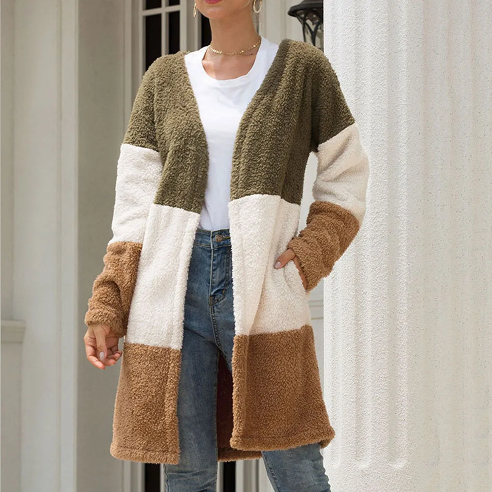 

Plush Teddy Coat Cardigan Women Sweater Winter 2019 Warm Patchwork Long Overcoat Autumn Long Sleeve Outwear Xmas Causal Knitwear