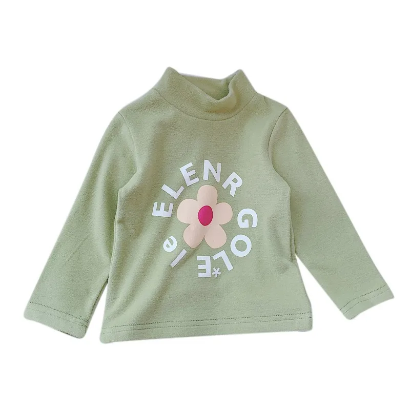 Новинка; зимние футболки для девочек; повседневная одежда для малышей; футболка с длинными рукавами и высоким воротником с цветочным принтом; хлопковые детские футболки; u c