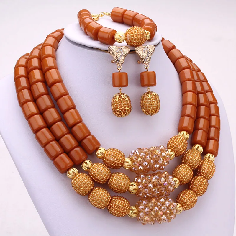 Dudo Store African Jewelry Set New Designs 3 Layers Artificial Coral Beads Jewellery Set 2019 With Gold Beaded Balls 3 Pieces - Image 4