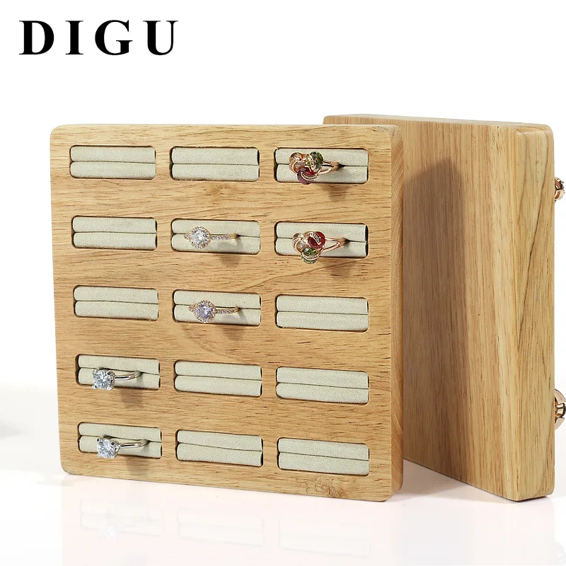 New ring display tray solid wood 15-digit earrings ring jewelry tray Japanese and Korean series jewelry props display stand grey microfiber flannelette green 4 digit ring frame bamboo fungus jewelry storage display background log jewelry frame