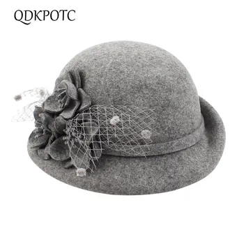

QDKPOTC Autumn Winter Women 100%Wool Fedoras Flower Crimping England Bucket Hat Fashion Travel High Quality Banquet Cap