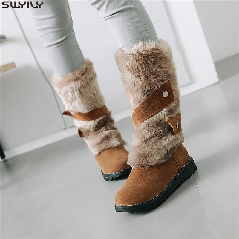 SWYIVY Nubuck Women Winter Shoes Fashion Snow Boots Slip On 2019 Warm Mid Calf Shoe Ladies Short Plush Solid Booties | Обувь