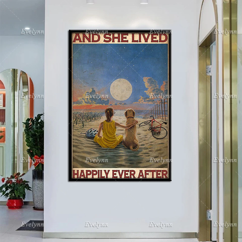 

Dog Lovers Girl And She Lived Happily Ever After T Shirt Beach Wall Art Print Home Living Decor Canvas Retro Poster Unique Gift