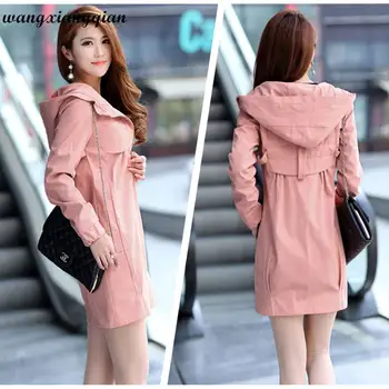 

7XL Extra Large Spring Autumn Trench Coat Women's Cotton Casual Zip Hooded Warm Design Solid Color Mid-length windbreaker Z66