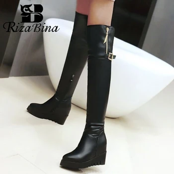 

RIZABINA Plus Size 34-48 Women Thigh High Boots New Winter Black Wedges Shoes Women Fashion Buckle Zipper Keep Warm Fur Boots