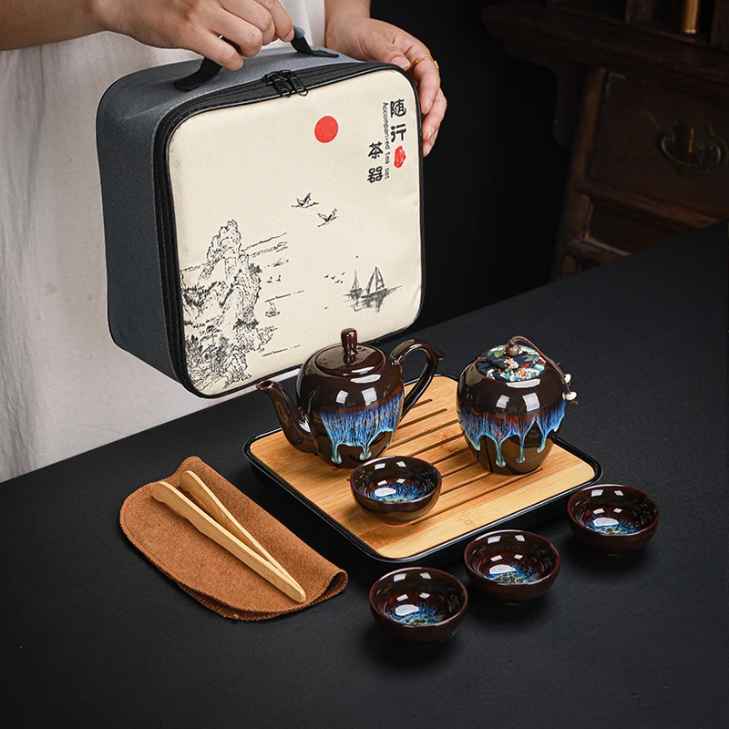 

Portable Travel Tea Set Household Pot Four Cups Travel Outdoor Small Set Kiln Change Jian Cup Ceramic Gift
