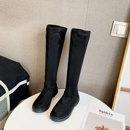 mid black boots Осенне-зимние сапоги; женские высокие облегающие сапоги выше колена; эластичные ботиночки на плоской подошве; модная обувь; женские высокие сапоги до бедра; Размеры 35-39 - Цвет: mid black boots