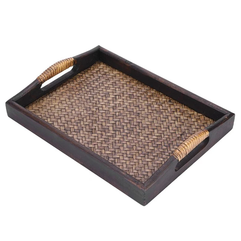 

Multi-Functional Wooden Serving Trays With Handle Rectangle Handmade Rattan Bamboo Tea/Oil Trays Dessert/Coffee/Fruits Plate 3