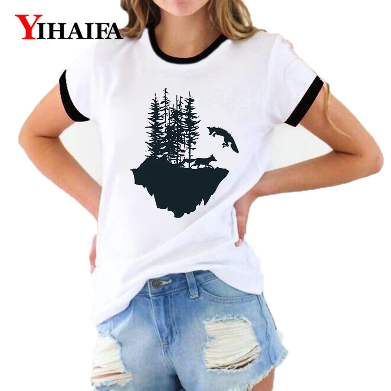 

3D T Shirts Women Printed Tees Forest Wolf Graphic Tee Simple Style Summer Short Sleeve Ladies Casual Tops