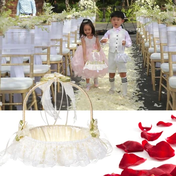 

Romantic Flower Basket, Rose Bow Ribbon Lace Wedding Bridal Flower Basket Party Decoration (White)