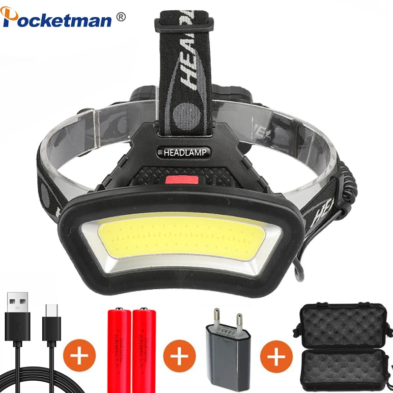 Powerful 35000LM COB LED Headlight Rechargeable 2Mode Headlamp Built-in Battery 