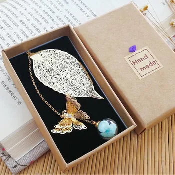 

1PC Metal Feather Leaf Butterfly Bookmarks Creative Pendant Bookmarks Gift Box Packing Students Stationery Gift For Friends