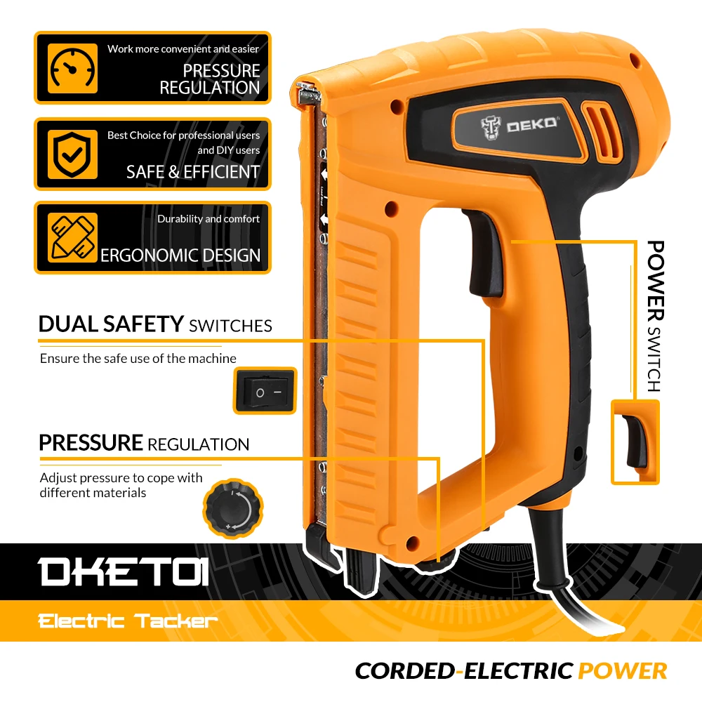 DEKO New 220V Portable Electric Tacker Gun Electric Nail Gun Woodworking Tool Electric Nail Gun Stapler Pneumat 20pcs/min DKET01 DEKO New 220V Portable Electric Tacker Gun Electric Nail Gun Woodworking Tool Electric Nail Gun Stapler Pneumat 20pcs/min DKET01