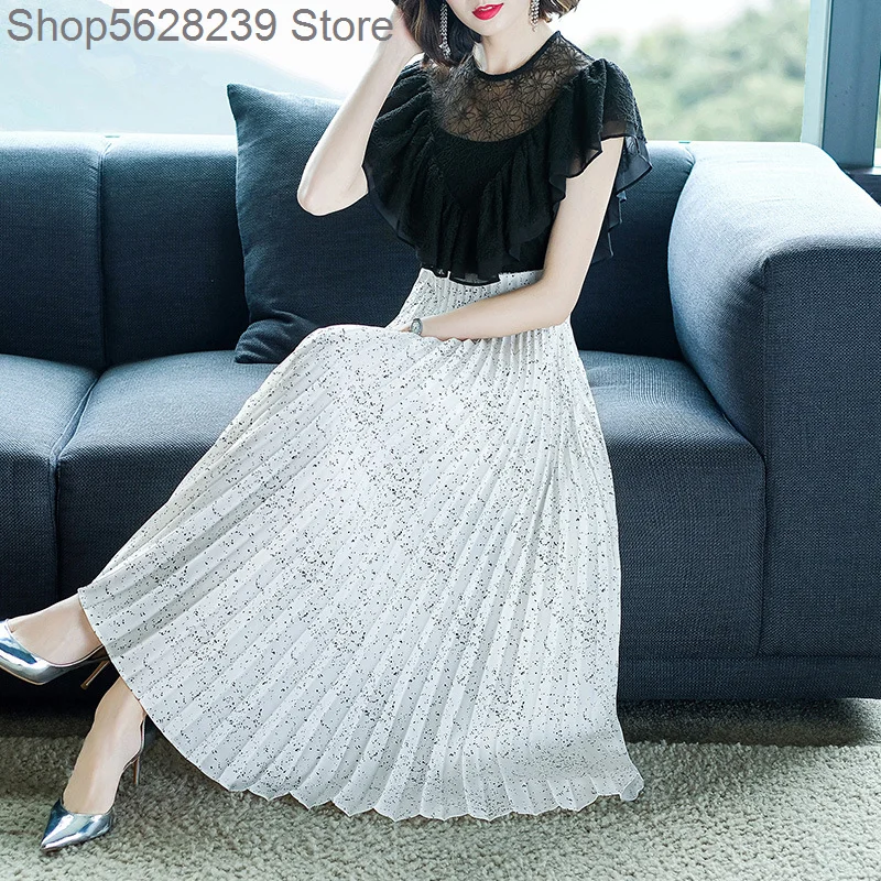 

Lotus Leaf Edge Black And White Splicing Dress Fake Two Piece Chiffon Pleated 2020 Summer Temperament Long Money Long Skirt