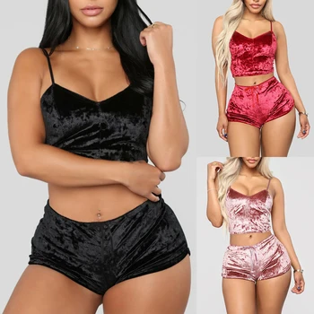 

Sexy Velvet 2 Piece Outfit Strap Crop Top+ Shorts Set Elastic Short Pants Suit Lingerie Sets Ropa Interior Pyjamas Women Pijama