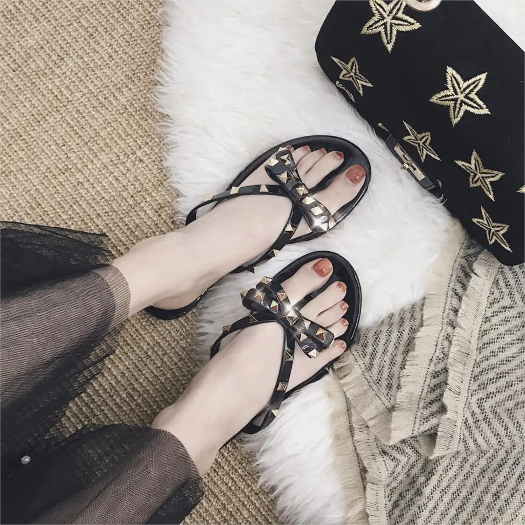 fashion women sandals flat jelly shoes bow V flip flops stud beach shoes summer rivets slippers Thong sandals nude