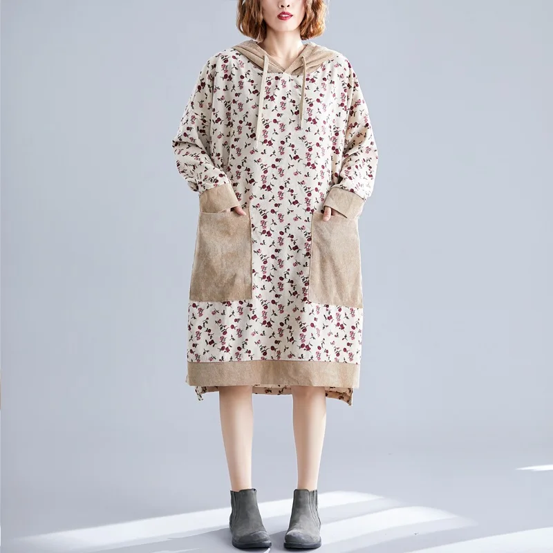 Хаки long sleeve Corduroy vintage floral plus size women casual loose midi autumn winter dress elegant clothes ladies dresses - Цвет: Хаки