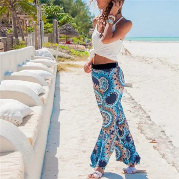 

Women Pants Floral Casual Wide Leg Long Harem Pants High Waist Loose Elastic Waist Trousers 2019 New Summer Beach Pants