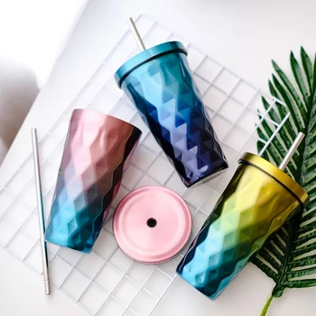 

500ml Irregular Metal 304 Stainless Steel Iced Coffee Mugs Smoothies Cup With Lid Heat insulation Reusable Camping Sippy Cups