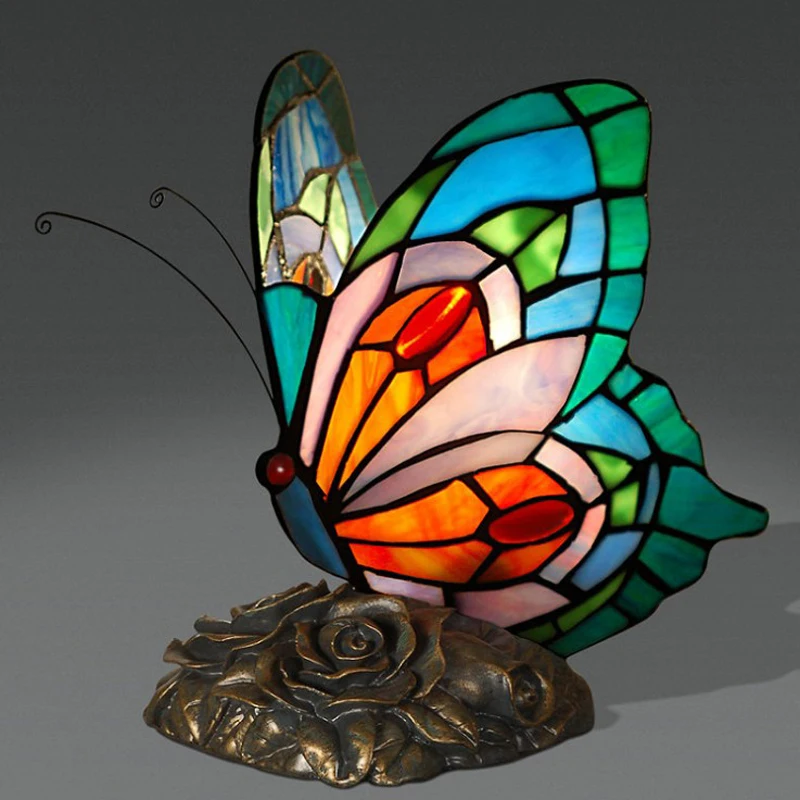 Цветное Стекло Цвет; маленькое платье с цветочным узором Tiffanylamp милые Тиффани лампа-Стрекоза Настольный декоративный ночной Светильник Детские светодиодный ночной Светильник