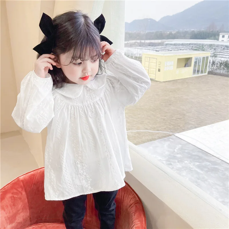 

Korean Children Clothes Baby Girls White Peter Pan Collar Embroidery Blouses Cotton Lovely Kids Long Sleeve Tops New Baby Shirts