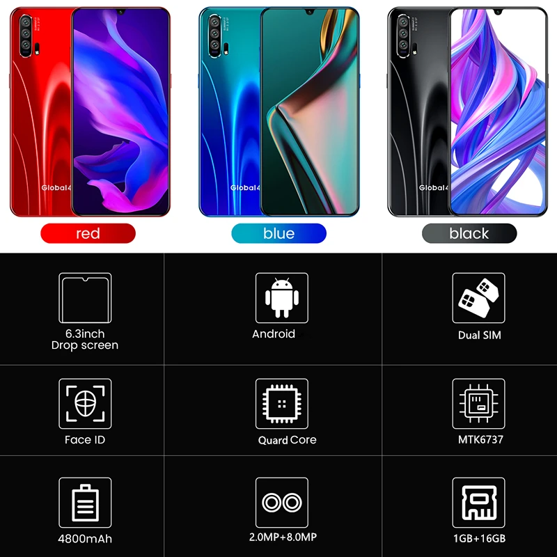 R20 1GB+16GB Smartphone Android 4G Cellphones Global Version 6.3 Inch Dual Sim Unlocked Mobile Phone Water Drop Screen