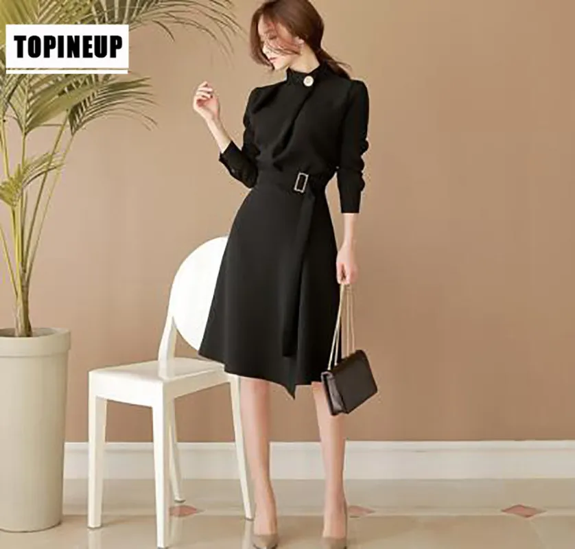 Autumn New Korean Women Dress Casual Long Sleeve Vestidos Femenino Office Lady Vintage Elegant Black Dresses with Belt