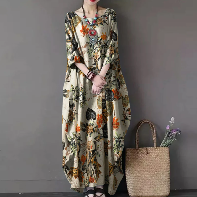 ZANZEA Vintage Printed Maxi Long Dress Women Sundress Casual Long Sleeve Kaftan Dresses Female Baggy Floral Vestidos Plus Size 7