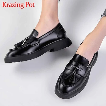 

Krazing Pot classic genuine leather fashion fringe loafers shoes slip on round toe med heels women brand basic simple pumps L2f2