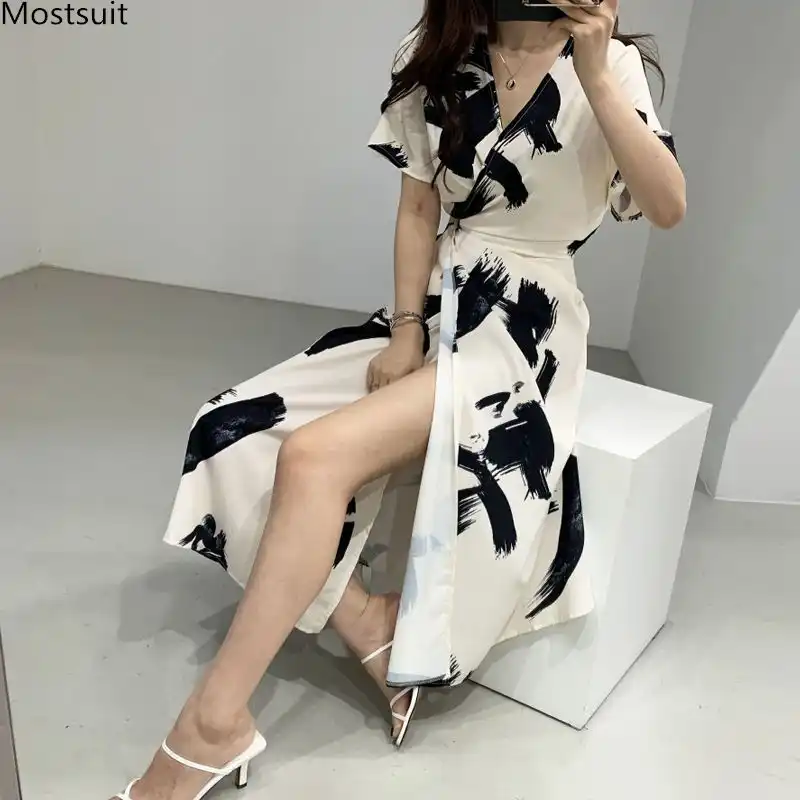 Summer Sexy Dress Women Short Sleele Water Ink Printed One Piece Dress Korean Lace Up V Neck Slim Party Dresses Robe Female Dresses Aliexpress