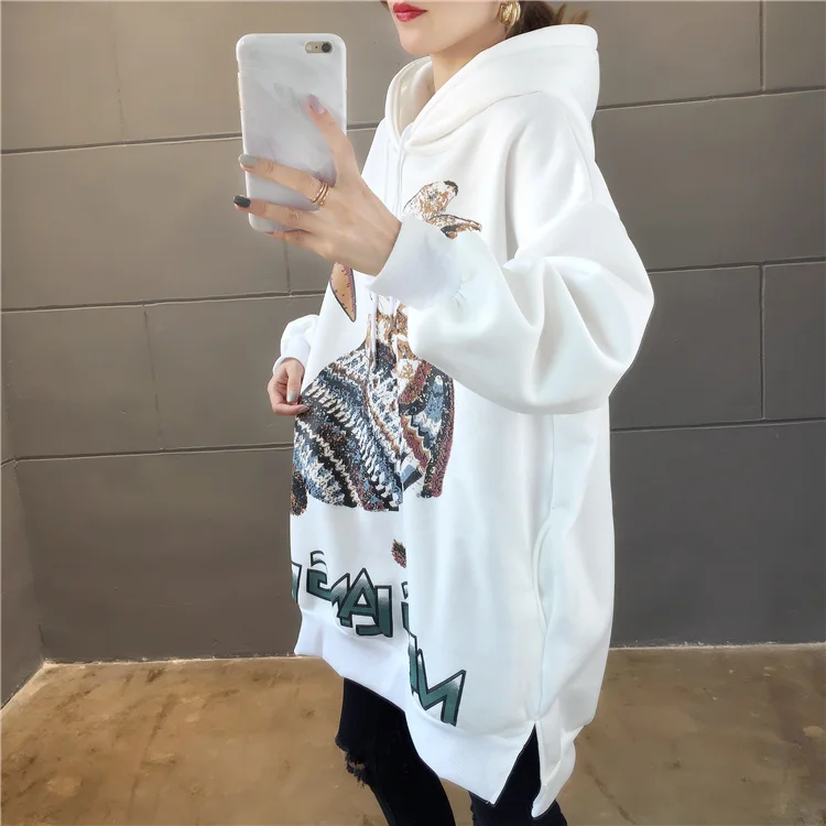 Большие размеры уличная одежда sudaderas mujer негабаритных женская одежда толстовки Толстовка с рисунком длинные Флисовые женские K0312
