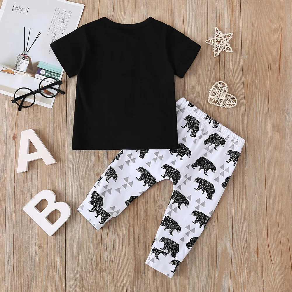 Cartoon Print Baby Boys Clothes Set Letter Short Sleeve Tops+trousers Cotton Baby Outfits 2020 Summer Kids Clothing For Boy D35