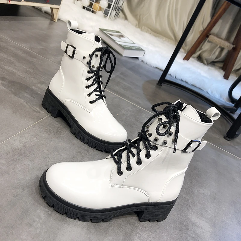 White Western Boots Cowboy Boots Women New Lace Up Leather Boots Black Ankle Boots Women Fashion Punk Combat Boots Platform