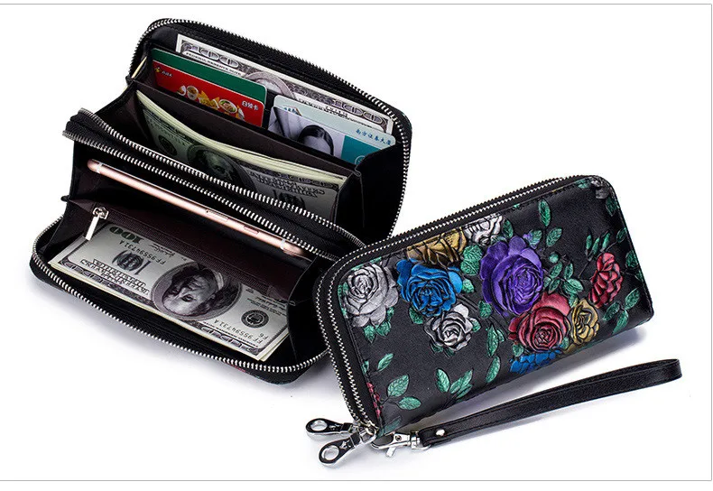 Fengdong женский винтажный кошелек с черным цветком, женский клатч, сумка для телефона, женская кожаная сумочка с секретом, подарок для девочек