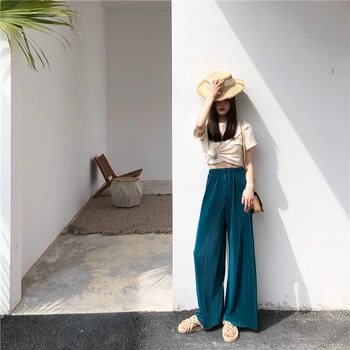 

Summer Elegant High Waist Women's Pants Pantalon Mujer 2020 Korean Boho Beach Chiffon Loose Long Pleated Wide Leg Pant