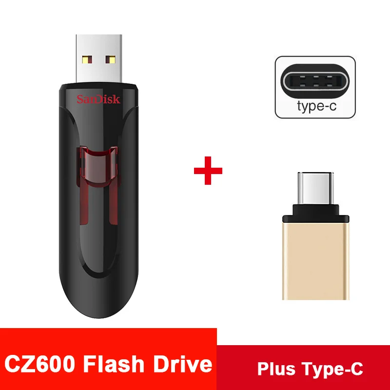 Sandisk CZ600 Cruzer Glide 3,0 usb флешка USB флеш-накопитель 16 ГБ 32 ГБ 64 ГБ 256 ГБ флеш-накопитель 128 ГБ флеш-память Флешка 3,0 Стик флешки - Цвет: CZ600-Plus-Type-c