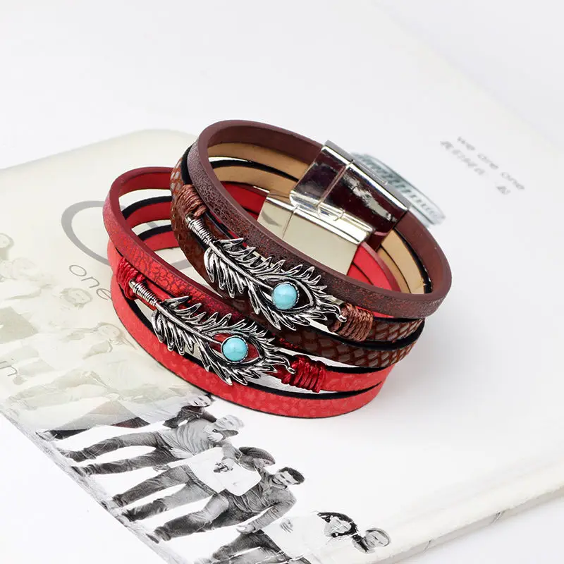 Магнитный кожаный браслет с пряжкой для женщин Красный многослойный браслет брошь из белого золота