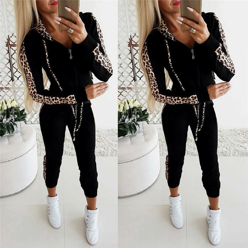 

2019 Autumn Winter Women Sets Tracksuit Female Leopard Long Sleeve Pullover Jackets And Pants Two Piece Set Warm Outfits Suit