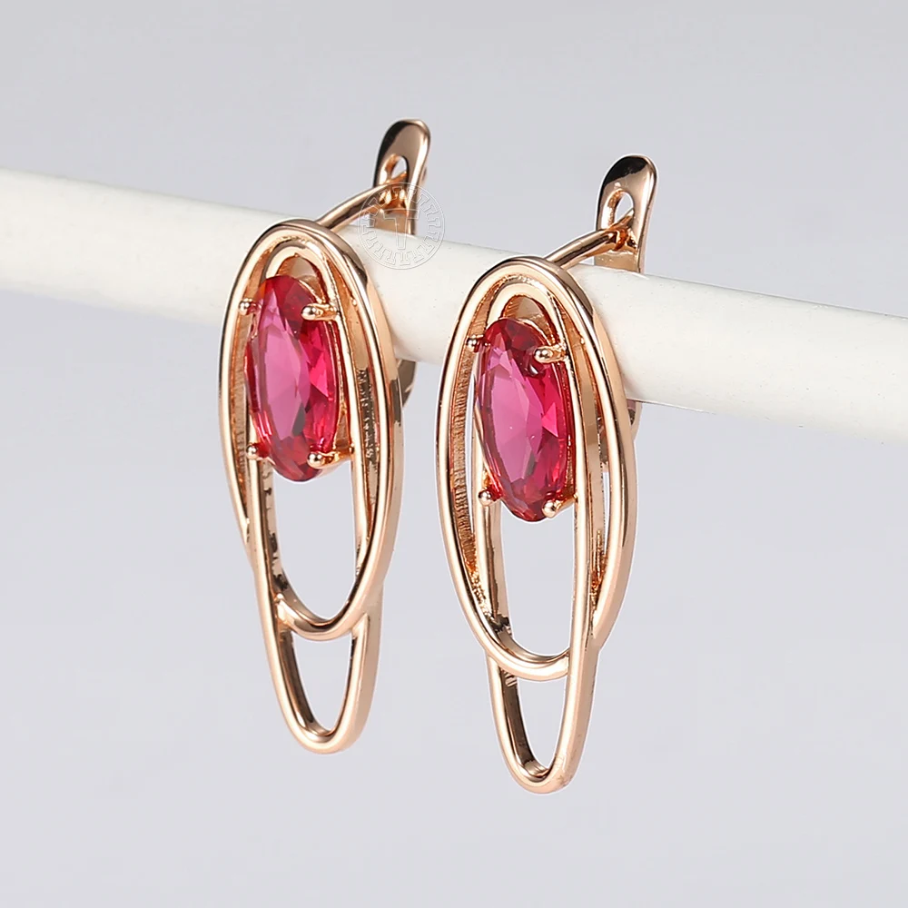 585 Rose Gold Drop Earrings For Women Girls Geometric Oval Red Ruby Stone Dangle Earrings Fashion Wedding Jewelry Gifts LGE349A