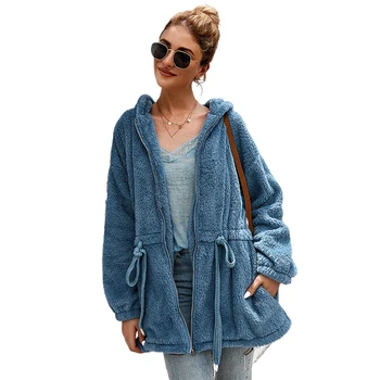 

With Pockets Women Plush Jacket Causal Elegant Thick Outwear Solid Street Long Sleeve Hooded Drawstring Waist Zipper Party Warm