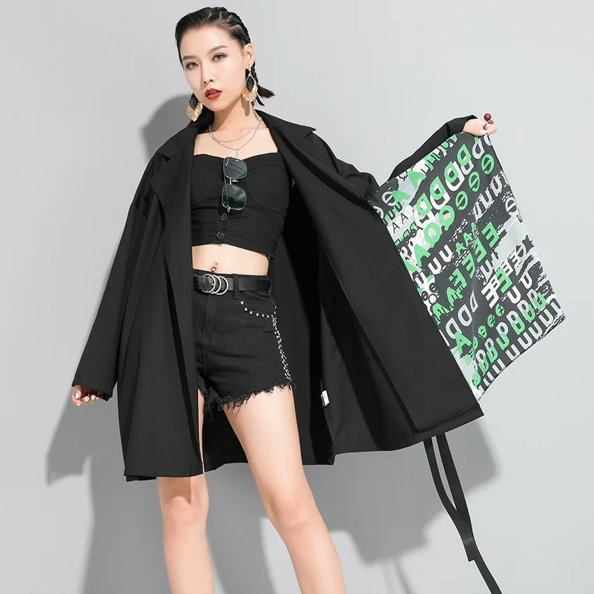 

Irregular Loose Coat For Women with belt 2020 Spring Split Cardigan Black Color With Letter Printing Windbreaker