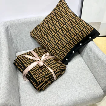 

Thread Knitted Throw Blanket and Cushion Cover Set for Bed Sofa Chair Couch Yellow Letter Bedspread Soft Home Decor Tapestry