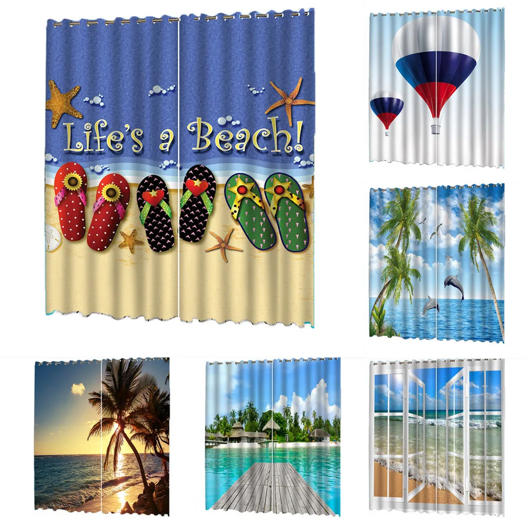 

2PC Beach Series Printed Curtains Living Room Bedroom Blackout Curtains Beach homedecoraccessoriesdecorativetray printed