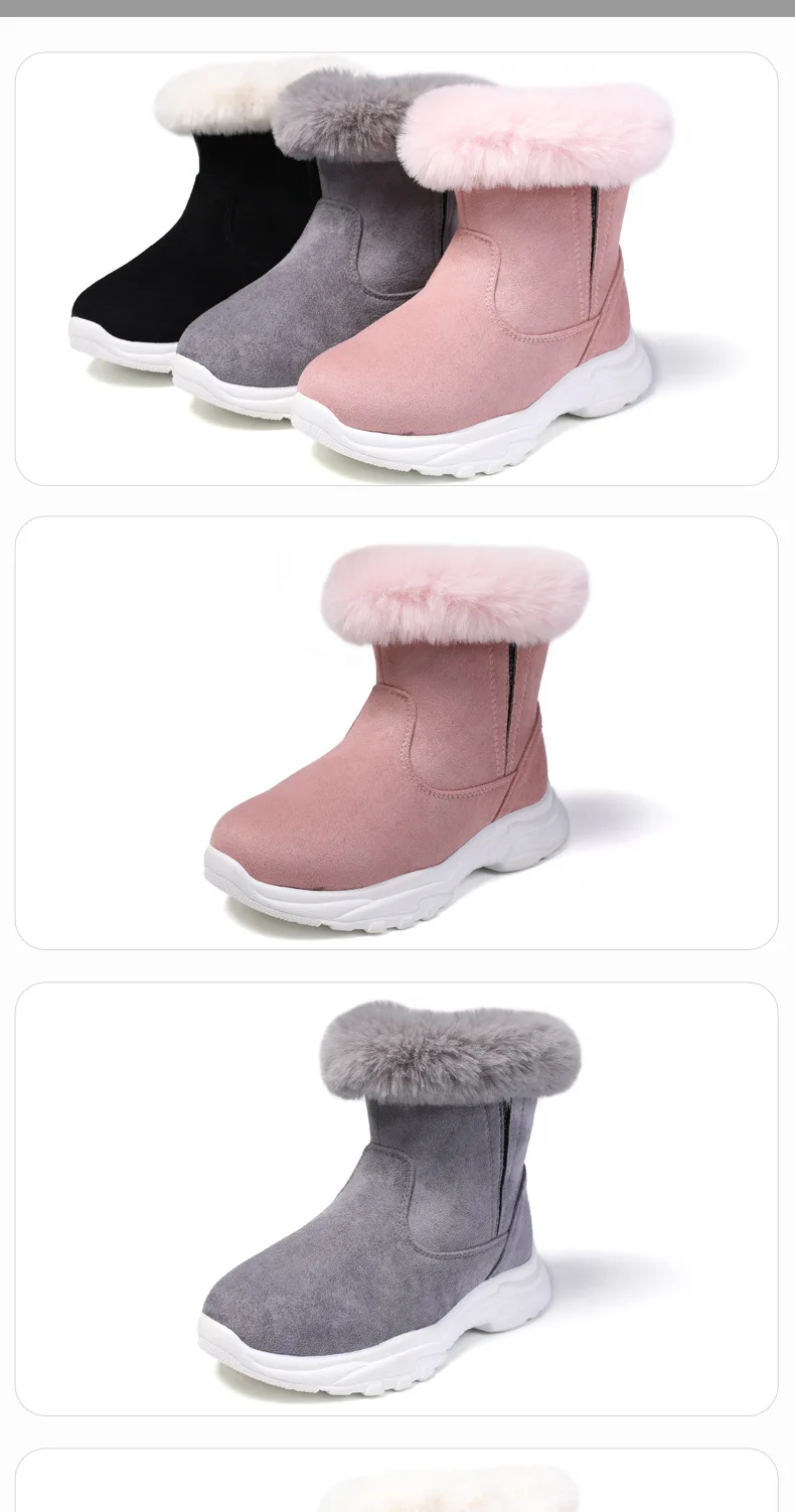 Модные теплые ботинки для девочек; зимние детские ботинки с густым мехом; Верхняя часть из натуральной замши; нескользящая резиновая хлопковая обувь для принцессы