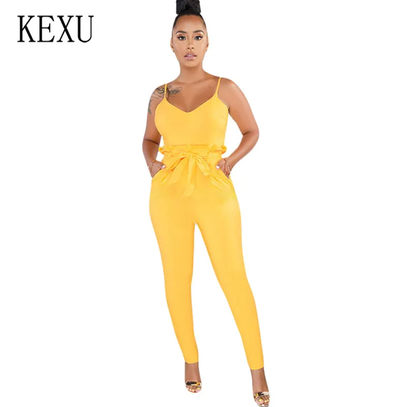 

KEXU New Arrival Sexy Spaghetti Cross Strap Lace Up Jumpsuits Summer Casual Sleeveless Bow Belt Long Romper Female for Women