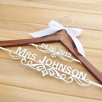 

personalised wood wedding hanger with date Mrs bridal hanger Bridesmaid gift bride name dress hangers with bow wedding keepsake