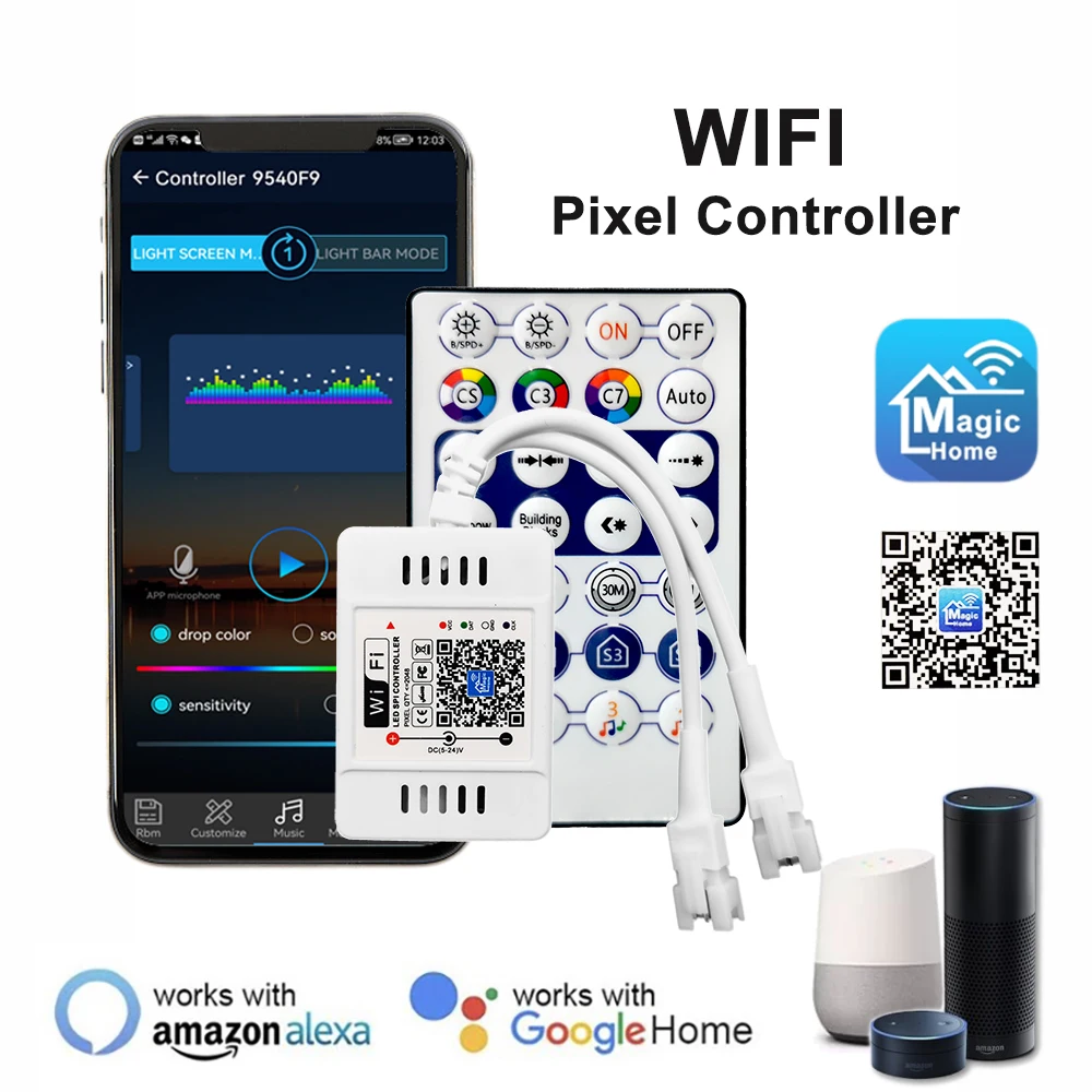 DC5-24V 28Key Music Controller Wifi Pixel Voice Compatible For 3Pin Individually Addressable 5050 RGB Led Strip Light Ring Panel dc5 24v sp107e music controller bluetooth wifi smart pixels for 3pin 4pin 5050 rgb individually addressable led strip panel ring